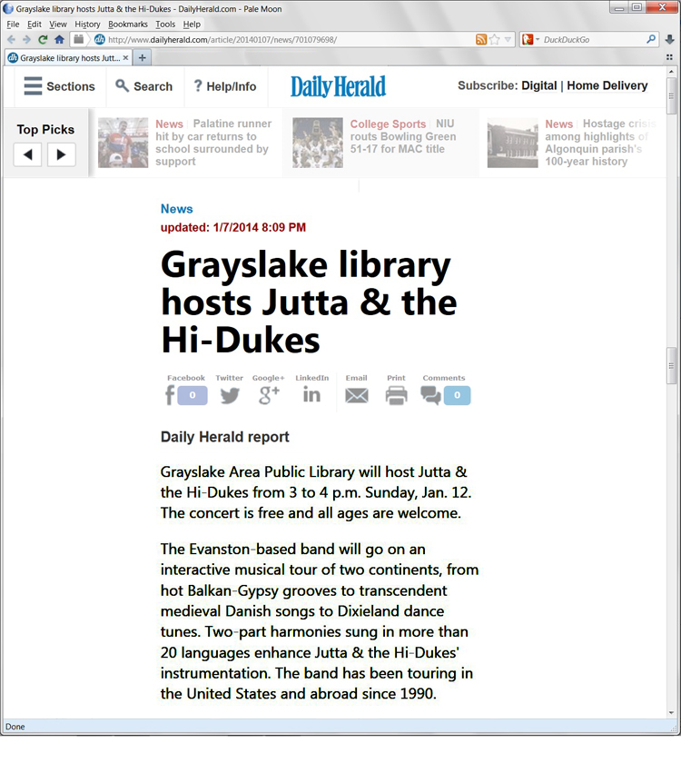 Image of the Grayslake Daily Herald January 7, 2014 web page about Jutta & the Hi-Dukes (tm)
